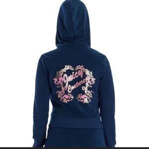 Juicy Couture Velour Hoodie Zip Up Juicy Embellished Logo On Back Navy Blue Sz L